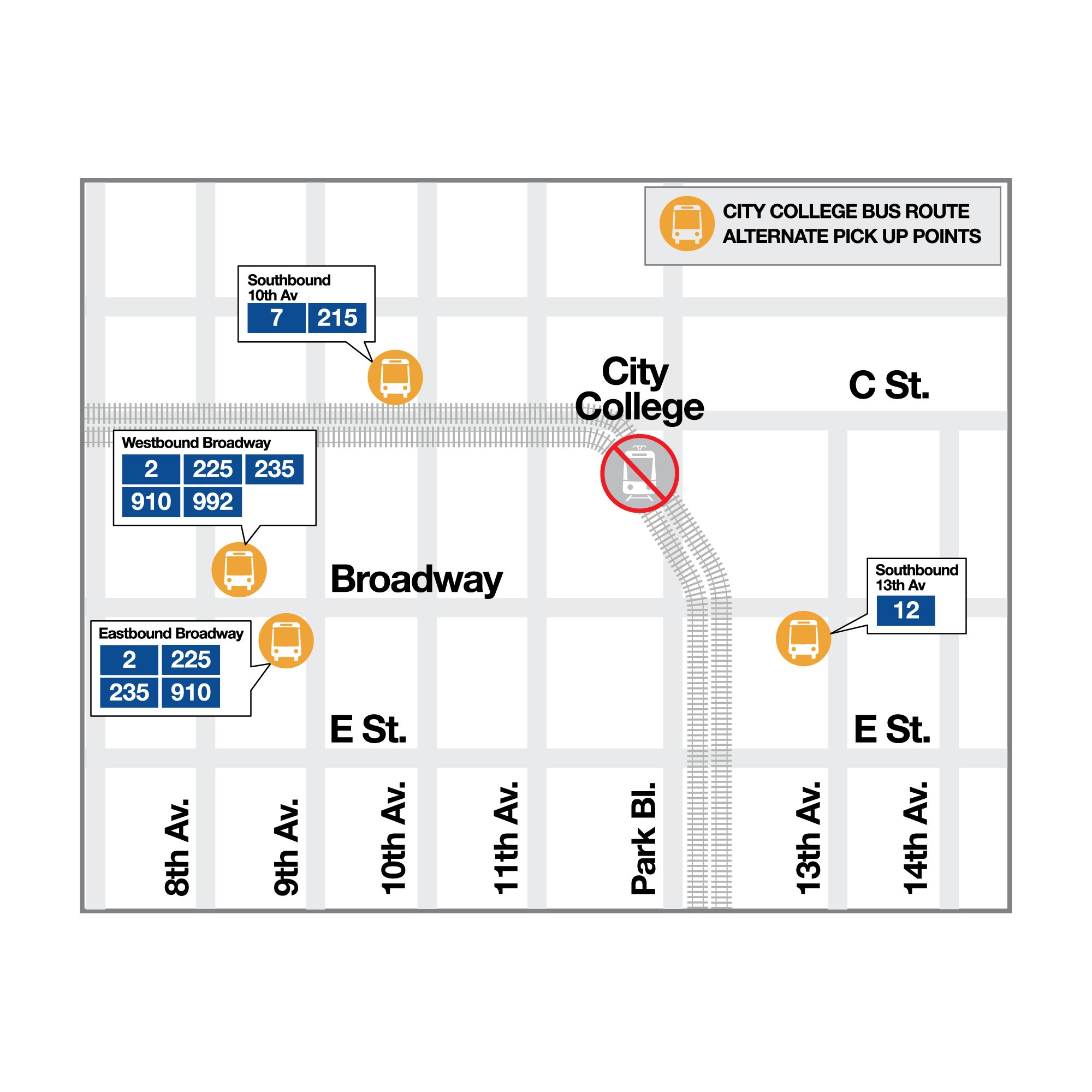 City College bus route map for alternative pick up points.