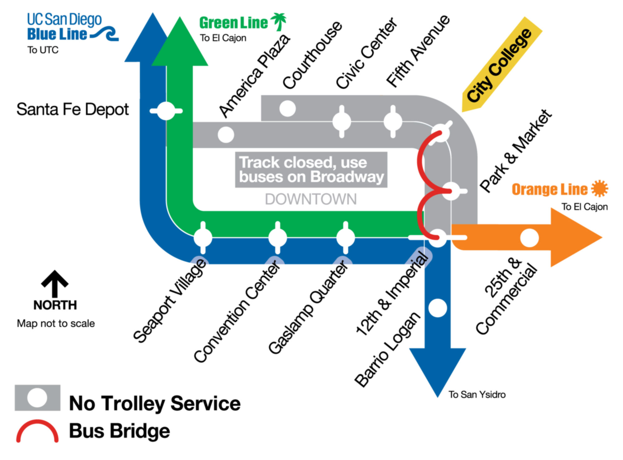 Map of the Trolley Downtown showing the stations that will be closed, including Park & Market, City College, Fifth Avenue, Civic Center, Courthouse, and America Plaza