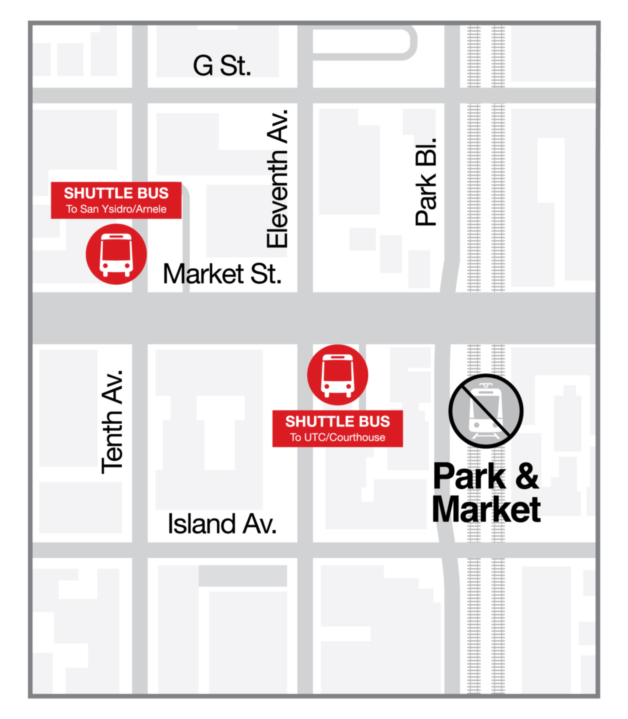 Shuttle Bus to UTC/Courthouse will pick up at 11th Ave and Market St. Shuttle Bus to San Ysidro/Arnele will pick up at 10th and Market