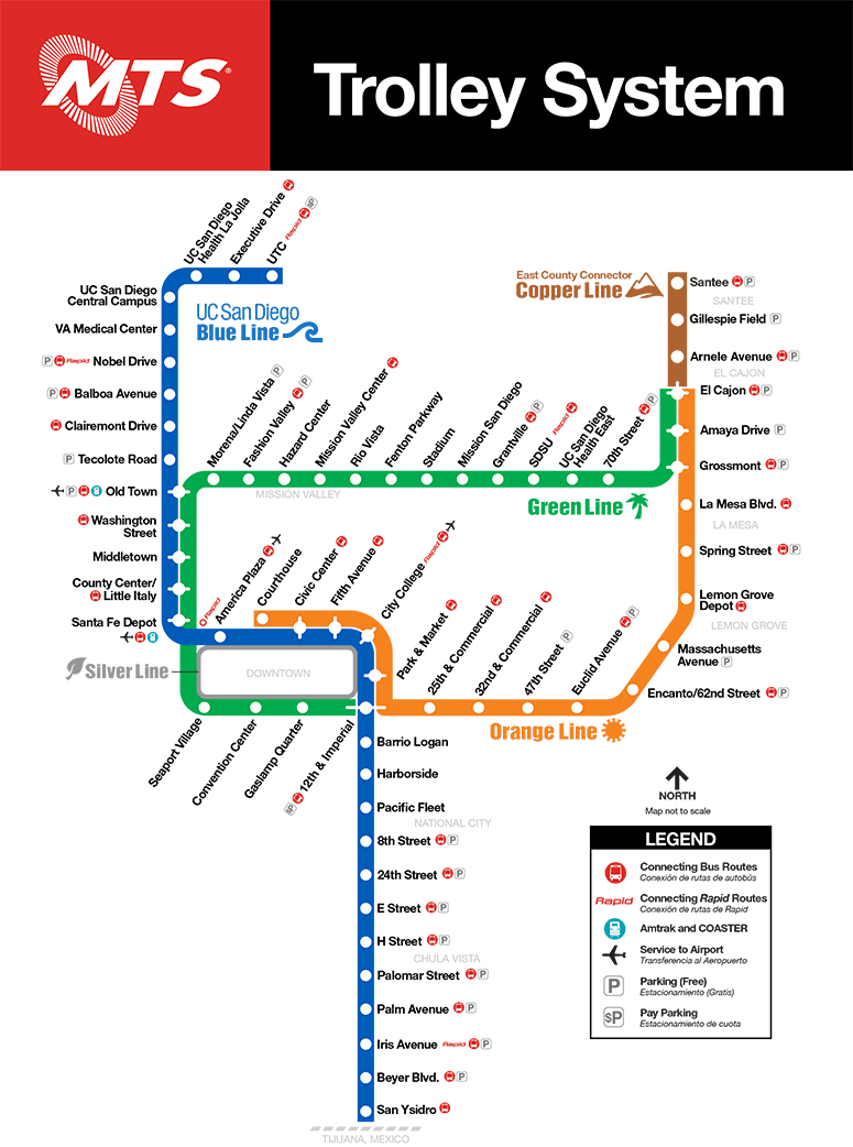 Trolley System Map which includes the Copper Line stations from El Cajon to Santee