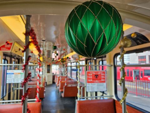 Interior of the Holly Jolly Trolley 2024