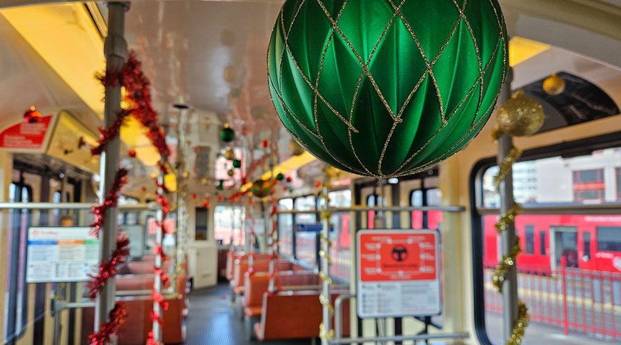 Interior of the Holly Jolly Trolley 2024