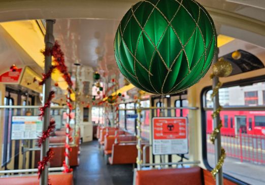 Interior of the Holly Jolly Trolley 2024